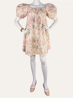 GeeGee Floral Eyelet Puff Sleeve Babydoll Dress Pockets Coquette NWT Small